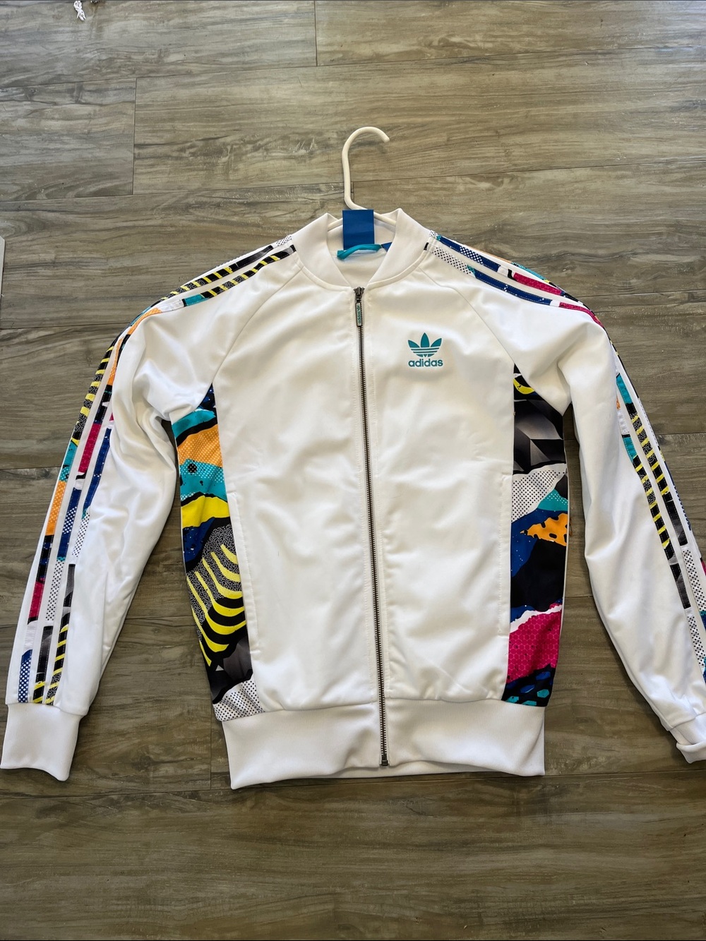 adidas  y2k vibes White Track Jacket with Teal, Yellow, Navy & Red Accents